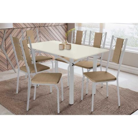 Conjunto: Mesa Sala Jantar Elba Tampo Madeirado C/ Vidro 160cm e 6 Cadeiras Lisboa Cromada/off White