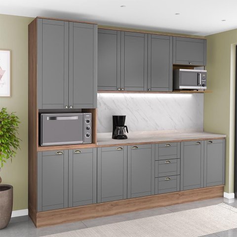 Cozinha Milla Rain 12 Portas 3 Gavetas MDF-MDP 270cm Cinza com Nogal Móveis Carraro