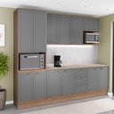 Ver imagem 1 de Cozinha Milla Rain 12 Portas 3 Gavetas MDF-MDP 270cm Cinza com Nogal Móveis Carraro