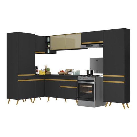 Armário de Cozinha Completa de Canto Veneza Multimóveis V2055 Preto/Dourado