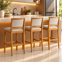 Ver imagem 7 de Banqueta Delfos Alta Elegante Madeira Maciça Estofada Bege para Bancada, Bar e Area Gourmet