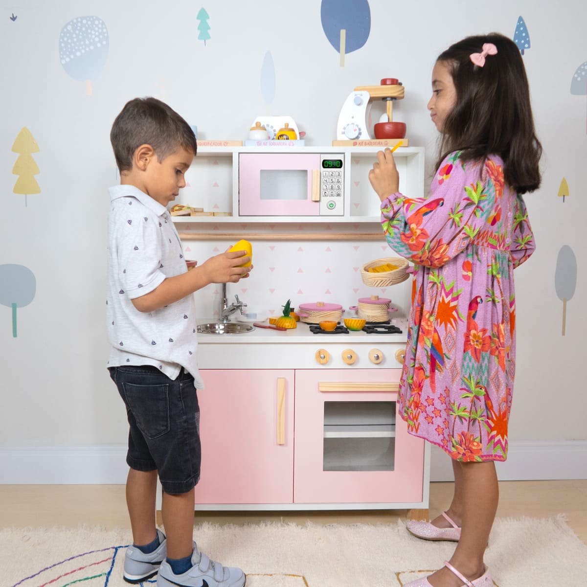 Cozinha Infantil com Pia Fogão e Microondas - Rosa Bebe - 4