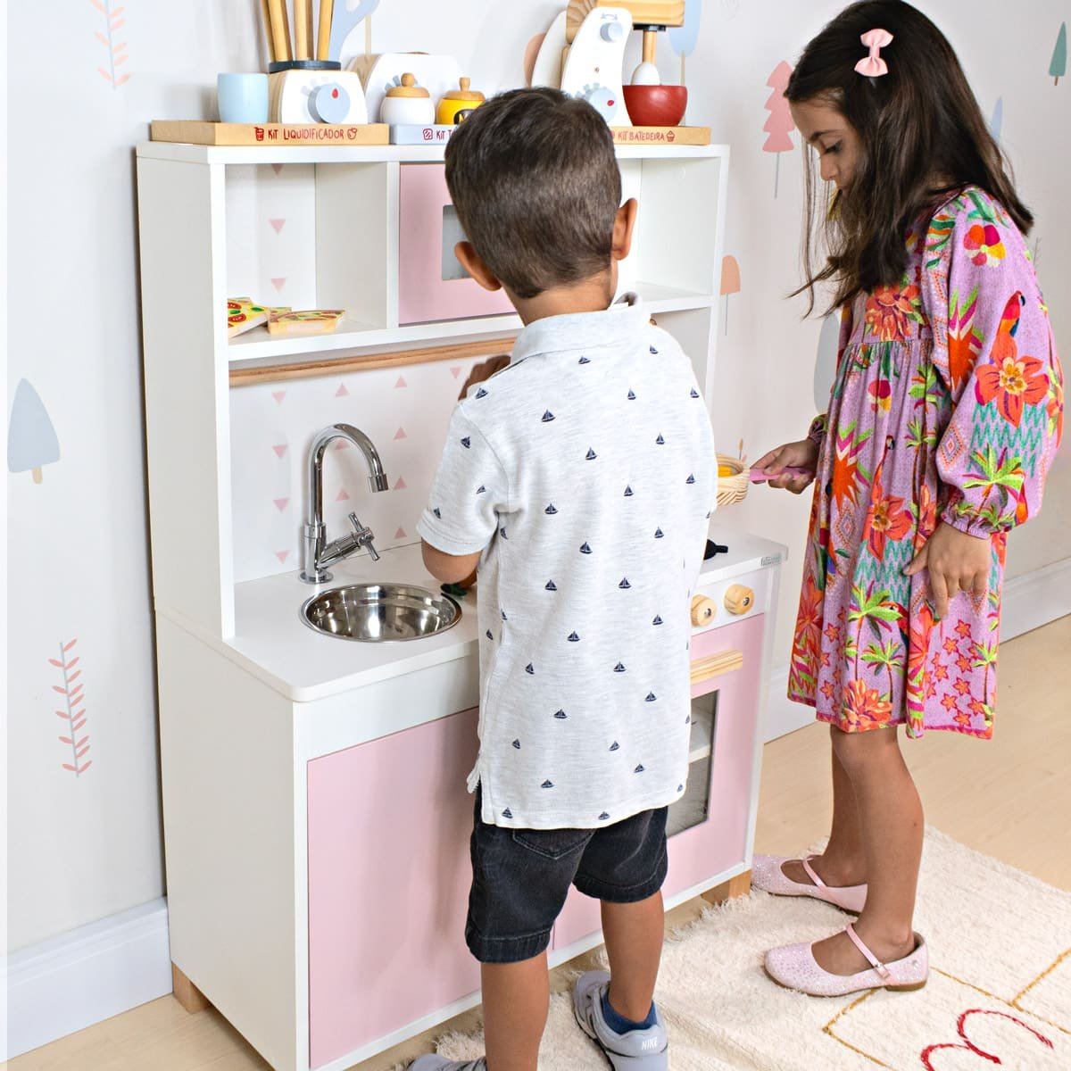 Cozinha Infantil com Pia Fogão e Microondas - Rosa Bebe - 5