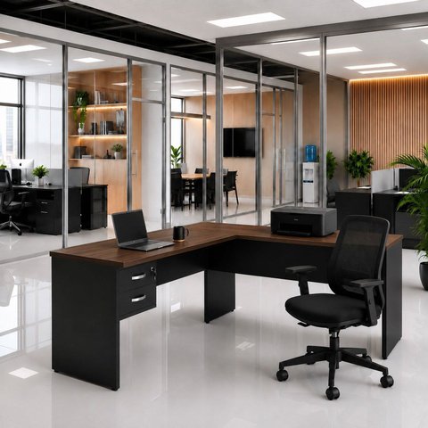 Mesa de Escritório em L 140x60cm com 2 Gavetas + Cadeira de Escritório Ergonômica Reclinável