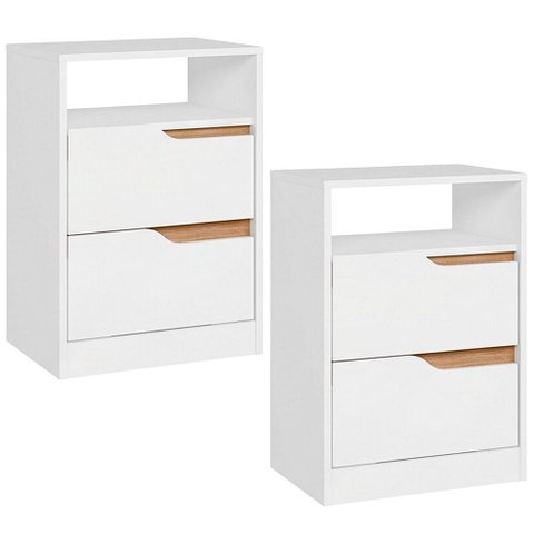 Kit 02 Mesas de Cabeceira Moderna 2 Gavetas 1 Nicho Lody A04 Flex Branco Freijó - Lyam Decor