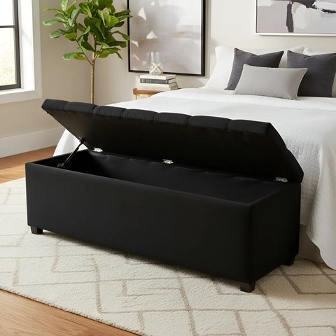 Puf Baú Estofado Casal Tamanho de 140x40x45cm Preto - Tecido em Veludo Suede Liso - Alta Qualidade