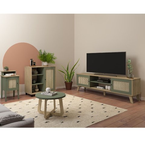 Conjunto Sala Rack P/ Tv até 75", Buffet Aparador 1 Porta, Mesa Centro e Apoio Carvalho/menta Charlo