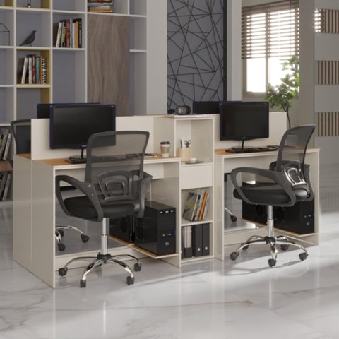 Estação de Trabalho 4 Lugares Office Smart 4 Mesas 2 Armários - Off White e Cedro