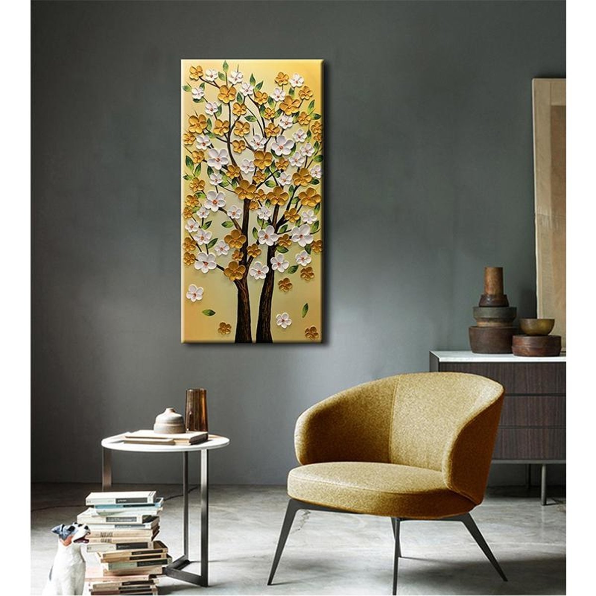 Quadro Pintura Tela árvore vertical branca ouro Quarto 5569: 160cm (A) x 80cm (L) - 2