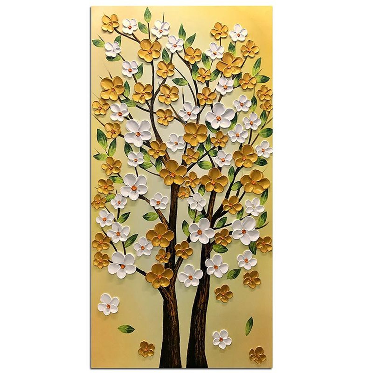 Quadro Pintura Tela árvore vertical branca ouro Quarto 5569: 160cm (A) x 80cm (L) - 1