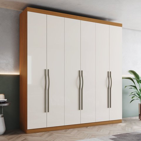 Guarda-Roupa Casal 6 Portas e 2 Gavetas Dominic com Corrediças Telescópicas Off White/Cinamomo