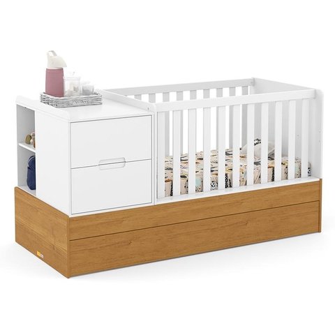 Berço Multifuncional Formare com Cama Auxiliar Branco Soft/Freijó e Colchões D18 e D33 - Matic Móvei