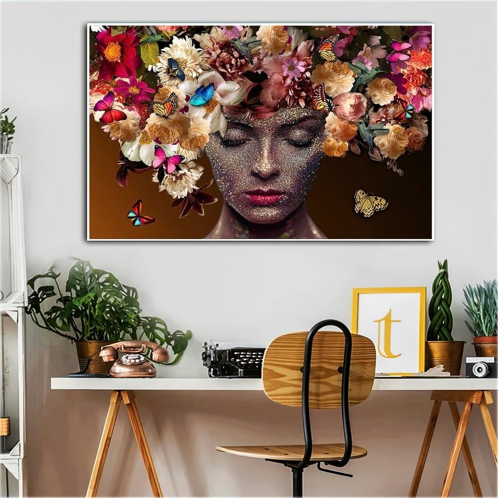 Quadro Mulher Fashion Cabelos Floridos:120x80 cm/PRETA - 8