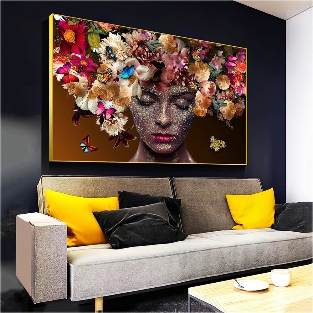 Quadro Mulher Fashion Cabelos Floridos:120x80 cm/PRETA - 5