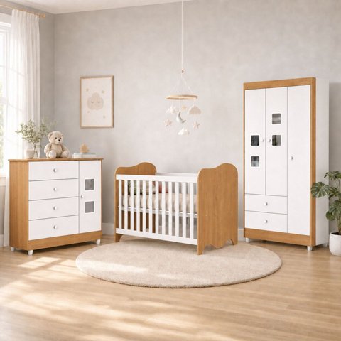 Quarto de Bebê Completo Berço 100% MDF com Guarda-Roupa 3 Portas Nuvem Marrom/Branco Amadeirado