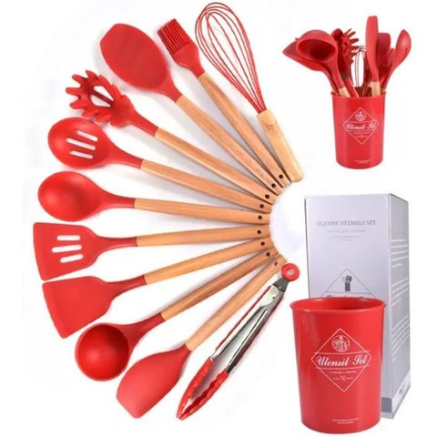 Kit C/12 Utensílios de Cozinha Silicone Cabo