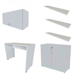 Conjunto Home Office Escrivaninha Balcão 2 Portas Armário Aéreo 3 Prateleiras Bramov - 2
