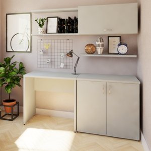 Conjunto Home Office Escrivaninha Balcão 2 Portas Armário Aéreo 3 Prateleiras Bramov
