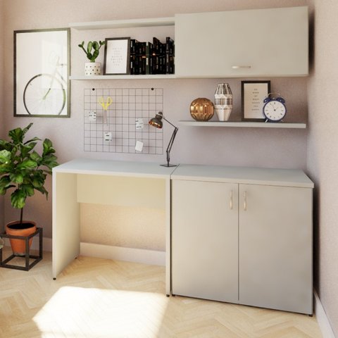 Conjunto Home Office Escrivaninha Balcão 2 Portas Armário Aéreo 3 Prateleiras Bramov