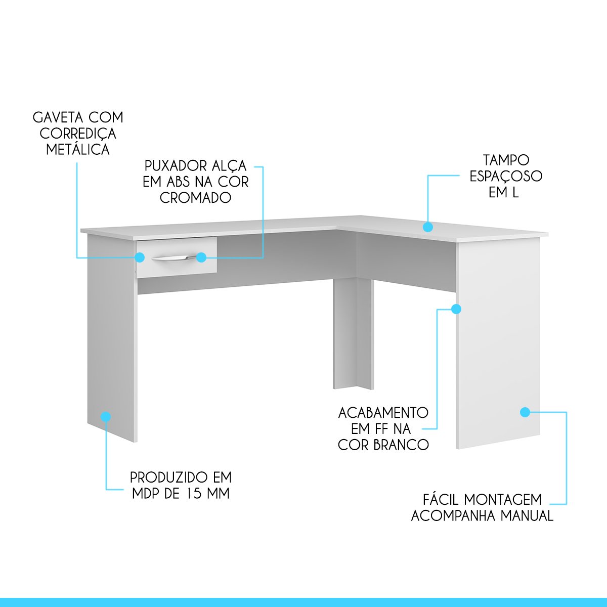 Escrivaninha em L para Escritório 135 x 120 Cm 1 Gaveta MDP Branco 0703 - MENU - 2