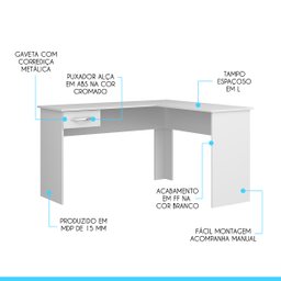 Escrivaninha em L para Escritório 135 x 120 Cm 1 Gaveta MDP Branco 0703 - MENU - 2