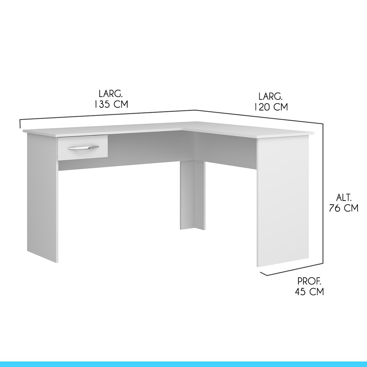 Escrivaninha em L para Escritório 135 x 120 Cm 1 Gaveta MDP Branco 0703 - MENU - 3