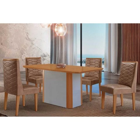 Conjunto: Mesa Sala Jantar Pietá C/ Tampo Madeirado Canto Curvo 120x80cm e 4 Cadeiras Dafne