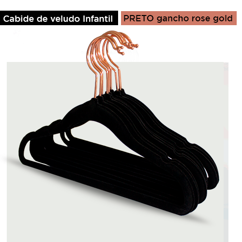 Cabide de veludo infantil - Preto com gancho rose gold - 30 cm - Fixel ...