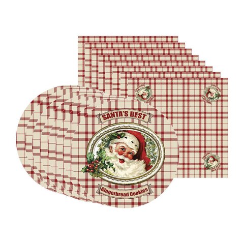 Kit Sousplat + Guardanapo Natal Fundo Xadrez/noel - 8 Peças - com Base