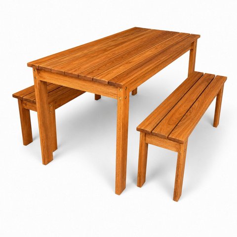 Conjunto 4 Lugares 1 Mesa e 2 Bancos de Madeira Maciça Área Externa Jardim Yescasa