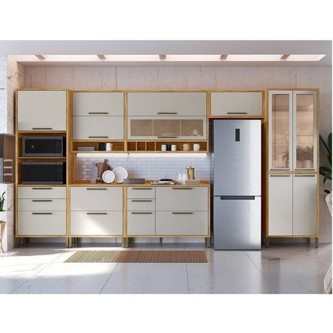 Cozinha Completa Modulada 100% MDF 7 Peças 14 Portas 6 Gavetas e Vidro 429cm Vicenza Espresso Móveis Bege/Amêndoa/Off White