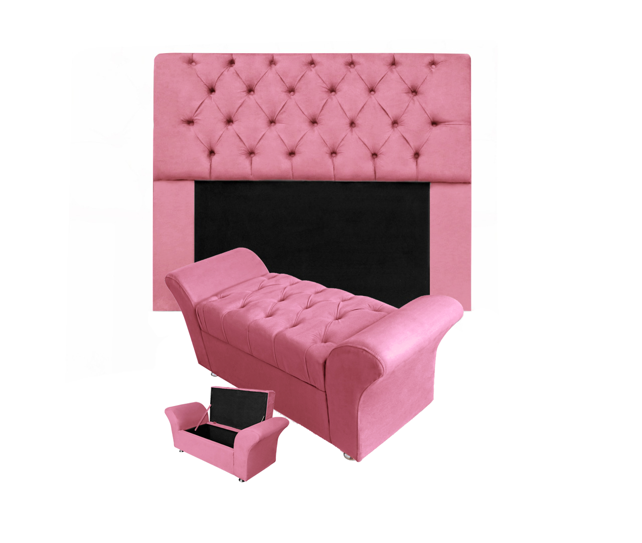 Jogo Cabeceira Mirage e Calçadeira Baú Veneza Casal 140 cm Suede Rosa Barbie - DL Decor - 1