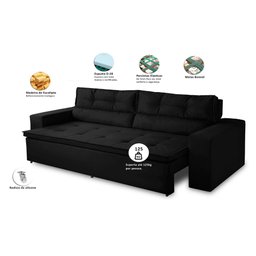 Sofá Retrátil e Reclinável 3 lugares com Molas 1,80m Vegas Suede Preto Adonai Estofados - 2
