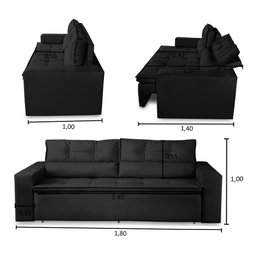 Sofá Retrátil e Reclinável 3 lugares com Molas 1,80m Vegas Suede Preto Adonai Estofados - 3