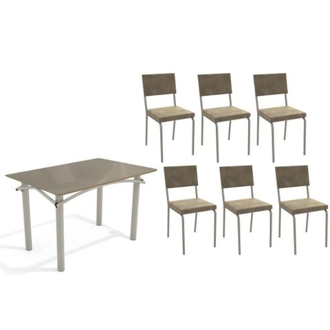 Conjunto: Mesa de Cozinha Elba Tampo Madeirado C/ Vidro 120cm e 6 Cadeiras Zaria Niquel/freijo