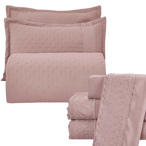 Kit Cobre Leito e Lençol Queen Melody Dupla Face 7 Peças - Rosê - 100% Poliéster
