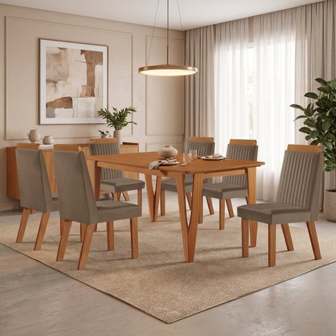 Conjunto Sala de Jantar Mesa Elos 1,60x0,80 Tampo Amadeirado 6 Cadeiras Riviera Cinamomo/Capuccino