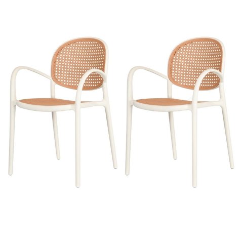 Kit 2 Cadeiras Empilhável Portofino Fratini Polipropileno Cor Nude e Assento Simulando Palha Rattan