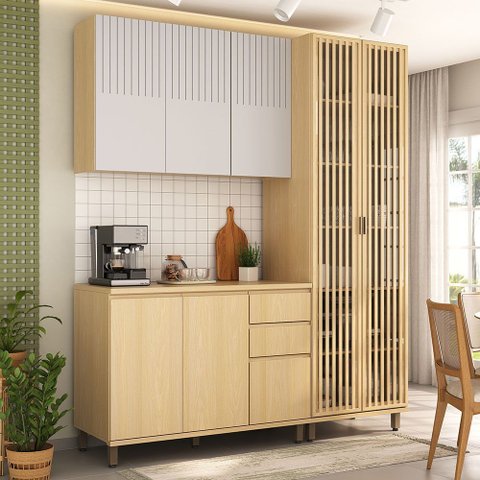 Cozinha Compacta 100 MDF 3 Peças com Tampo e Cristaleira 190cm Aura Luciane Móveis