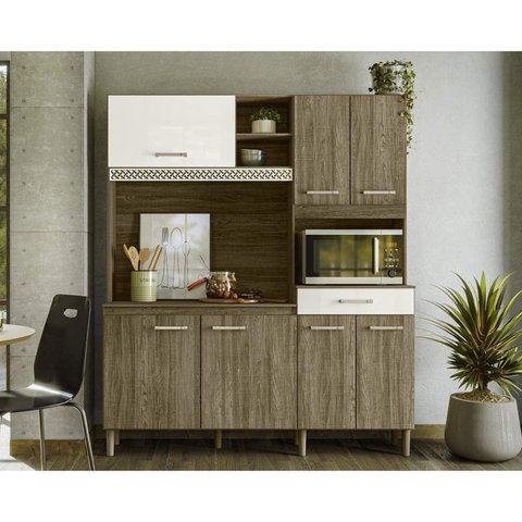 Cozinha Compacta 7 Portas 1 Gaveta Yara 160 Nicioli - Carvalho Rústico/carvalho Rústico/off White Cr