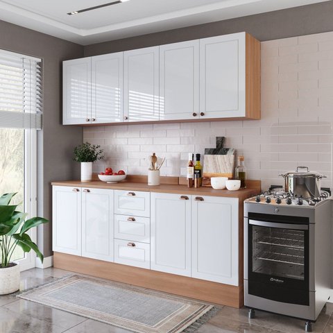Cozinha Pérola 200cm 4 Peças com Rodapé e Tampo Branco/Freijó Yescasa