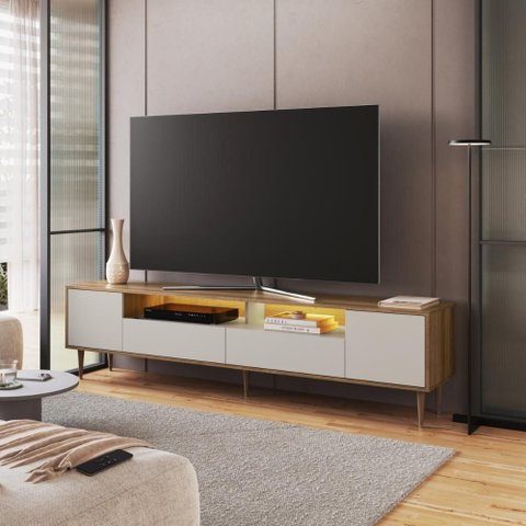 Rack Sala com Led 200cm X 37cm 2 Gavetas Portas e Pés Palito Cor:mel com Arenas