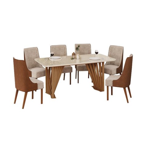 Mesa Jantar Adriana 180 6 Cadeiras Ivy Caramelo Creme - Henn
