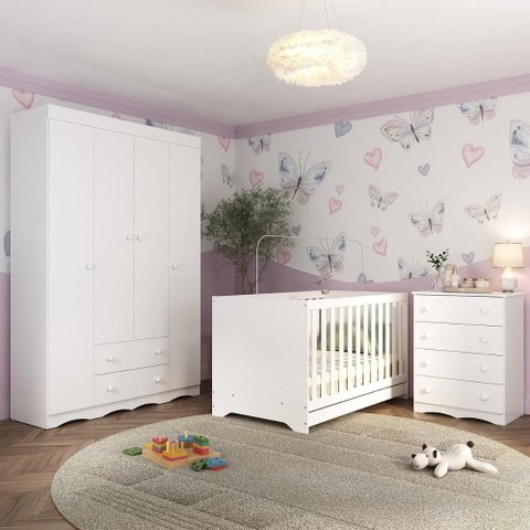 Quarto de Bebê Completo com Berço Americano 3 em 1 Realeza Multimóveis Mp4587 Branco