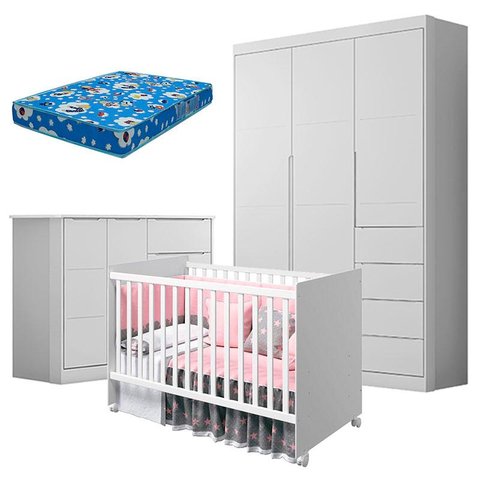 Quarto de Bebê Eloá com Berço Americano Tico Branco Acetinado e Colchão Ortobom – Phoenix Baby