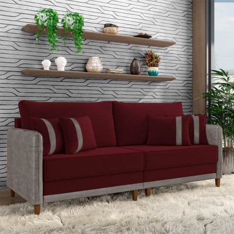 Sofá Montecarlo 3 Lugares 252cm Veludo/pu Bordô/cinza