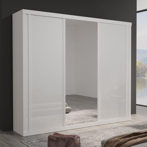 Guarda Roupa Casal Theo 3 Portas de Correr 6 Gavetas MDF com Espelho Branco Bom Pastor Móveis