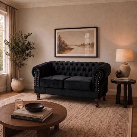 Namoradeira Chesterfield Duque 2 Lugares em Veludo Preto