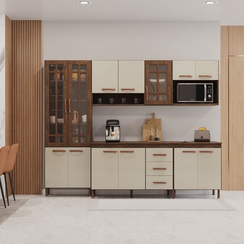 Cozinha Modulada Completa Fidelitá Lisboa 5 Peças 260cm 13 Portas 3 Gavetas com Tampo