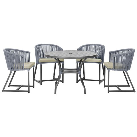 Mesa com 4 Cadeiras de Jantar Roma 100cm e Noronha em Aluminío Preto Corda Nautica Estofado 7 Trama